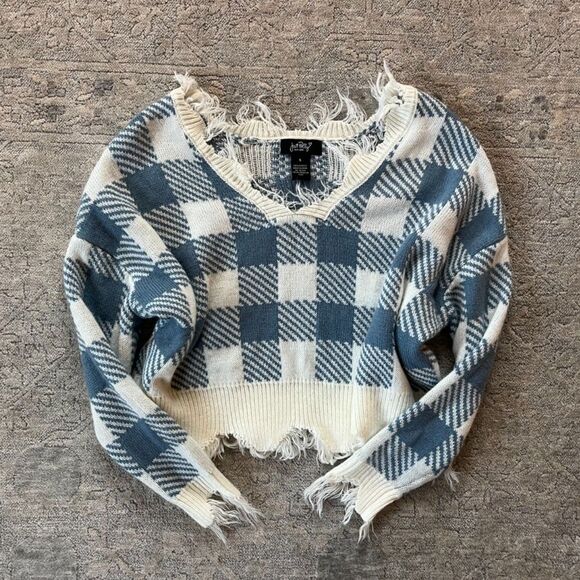 Just Polly Sweater Distressed Blue Checkered V Neck Women Size Small - Picture 2 of 4